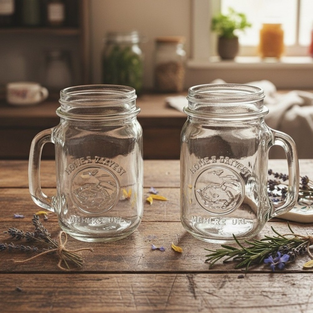 Golden Harvest Mason Drinking Jars, Set of 2 Vintage Clear Glass Drinkware